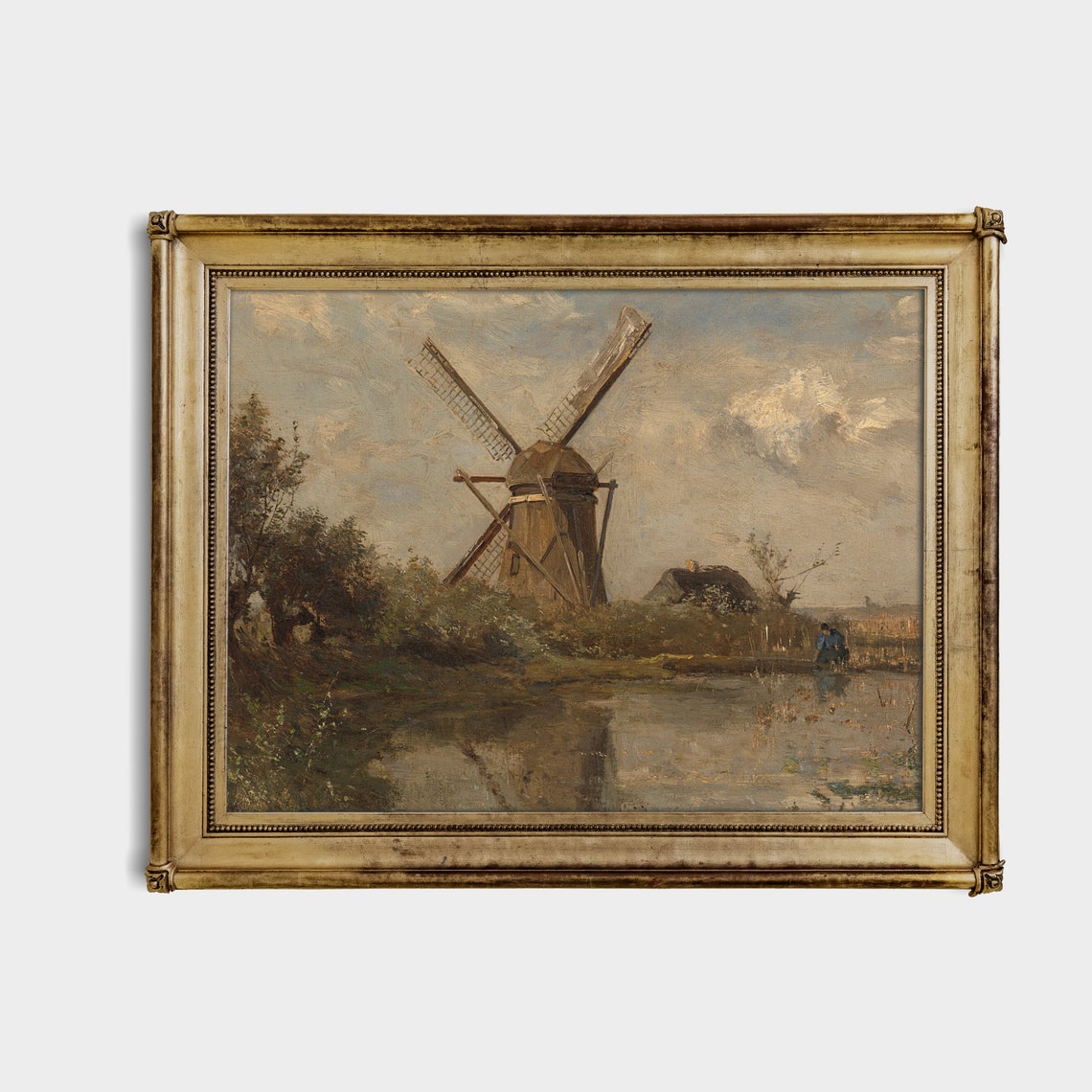 Vintage Landscape Painting Antique Windmill On A Pond Farmhouse Decor Wall Art Moody Rustic Fine Art - Image 4