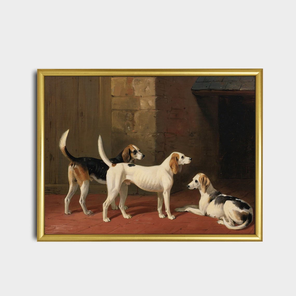 Three Foxhounds In The Kennel Antique Sporting Dog Painting Poster - Image 2
