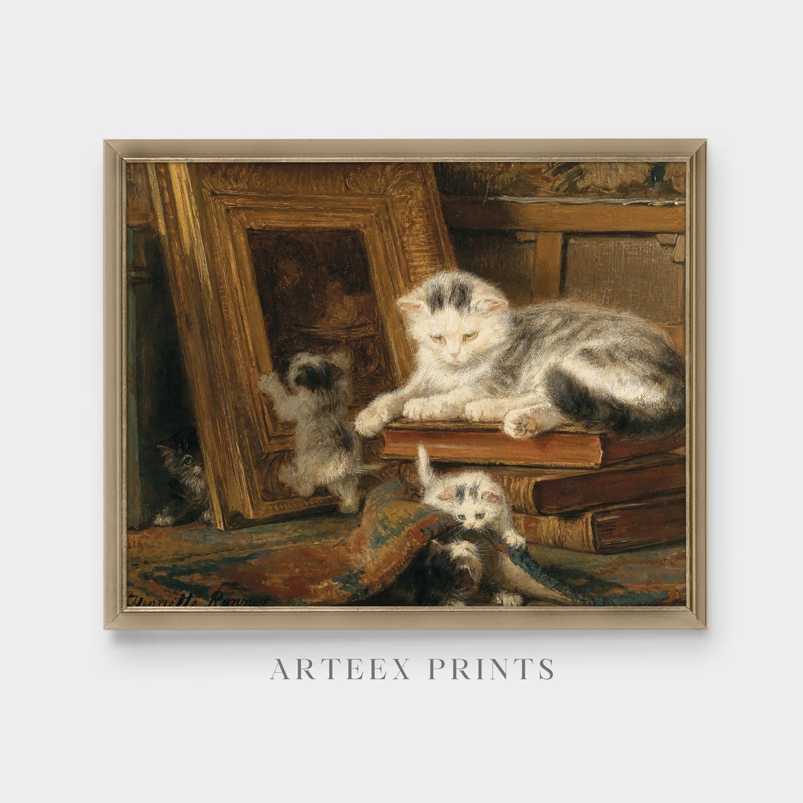 Mother Cat and Kittens Playing with Books and a Frame Poster - Image 5
