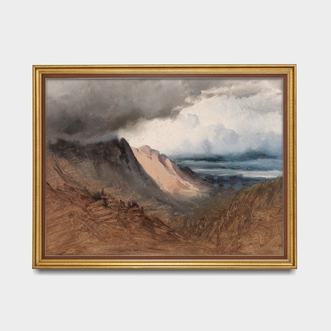Moody Storm Mountain Pass Distant Sea Rugged Vintage Painting Poster - Image 3