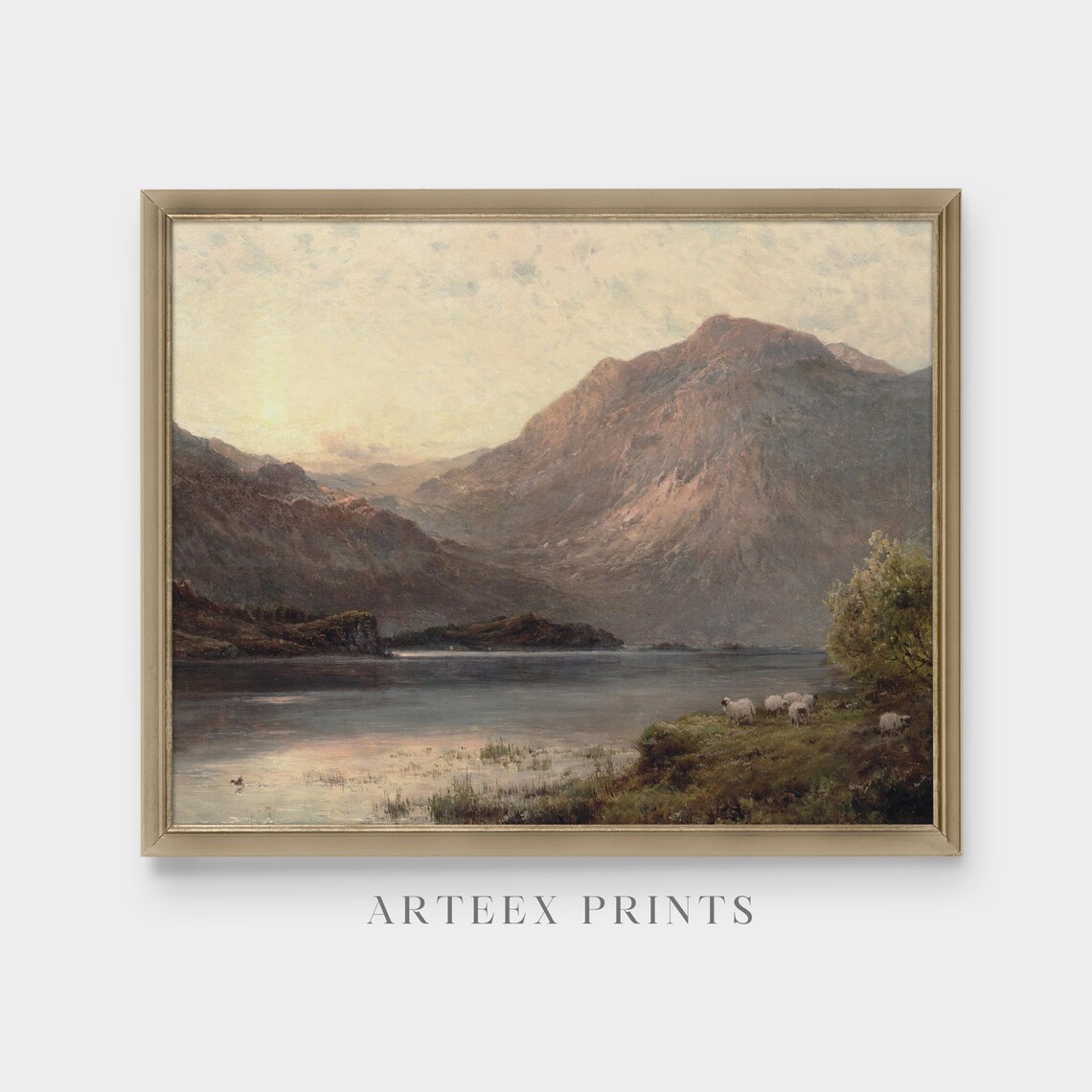 Sheep in Mountain Lake, Vintage Landscape Art Print - Image 3