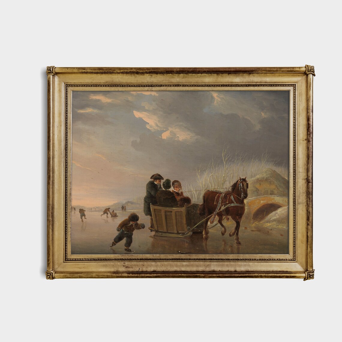 Horse Sleigh and Skaters on a Frozen River at Dusk Romantic Poster - Image 2