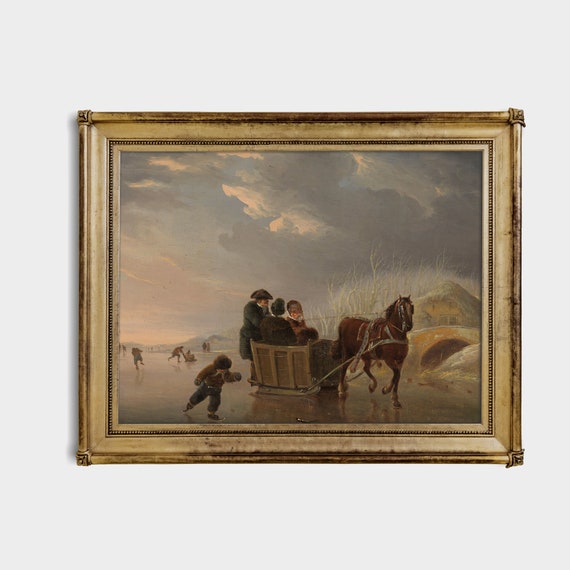 Printed And Shipped Vintage Painting Winter Scene Horse Sleigh Ride On Ice Antique Rustic Moody Print Christmas Decor Fine Art