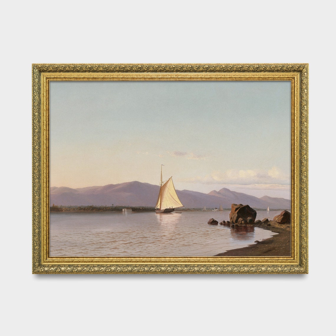 Lone Sailboat at Dusk on Still Water With Purple Mountains Poster - Image 2