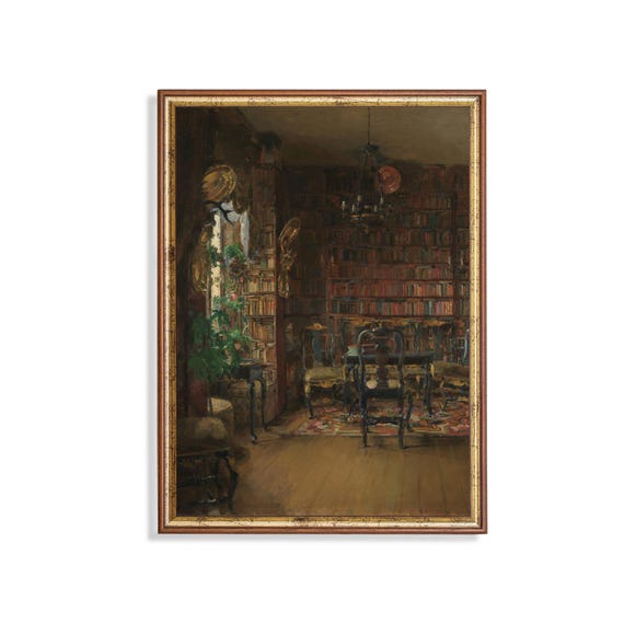 Printed And Shipped Vintage Still Life Painting Library Interior Antique Art Print Moody Rustic Wall Decor Physical Prints
