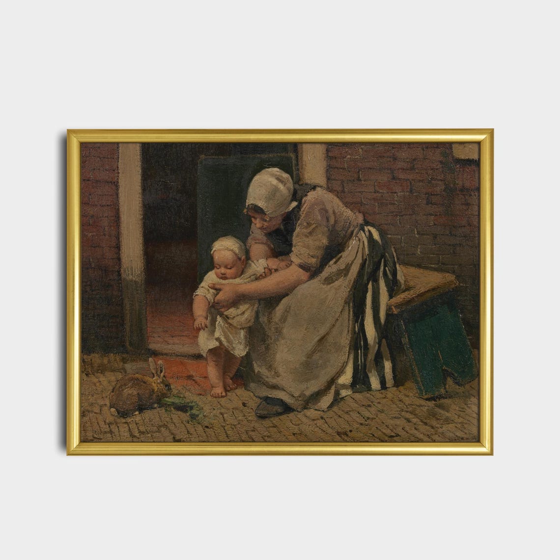 Mother Helping Toddler Walk with Rabbit Vintage Genre Poster - Image 2