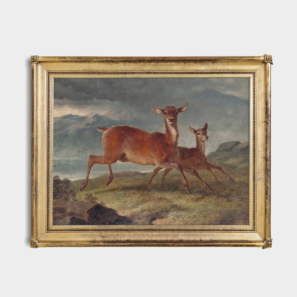 Two Deer Running Across Misty Moorland Vintage Animal Painting Poster - Image 4