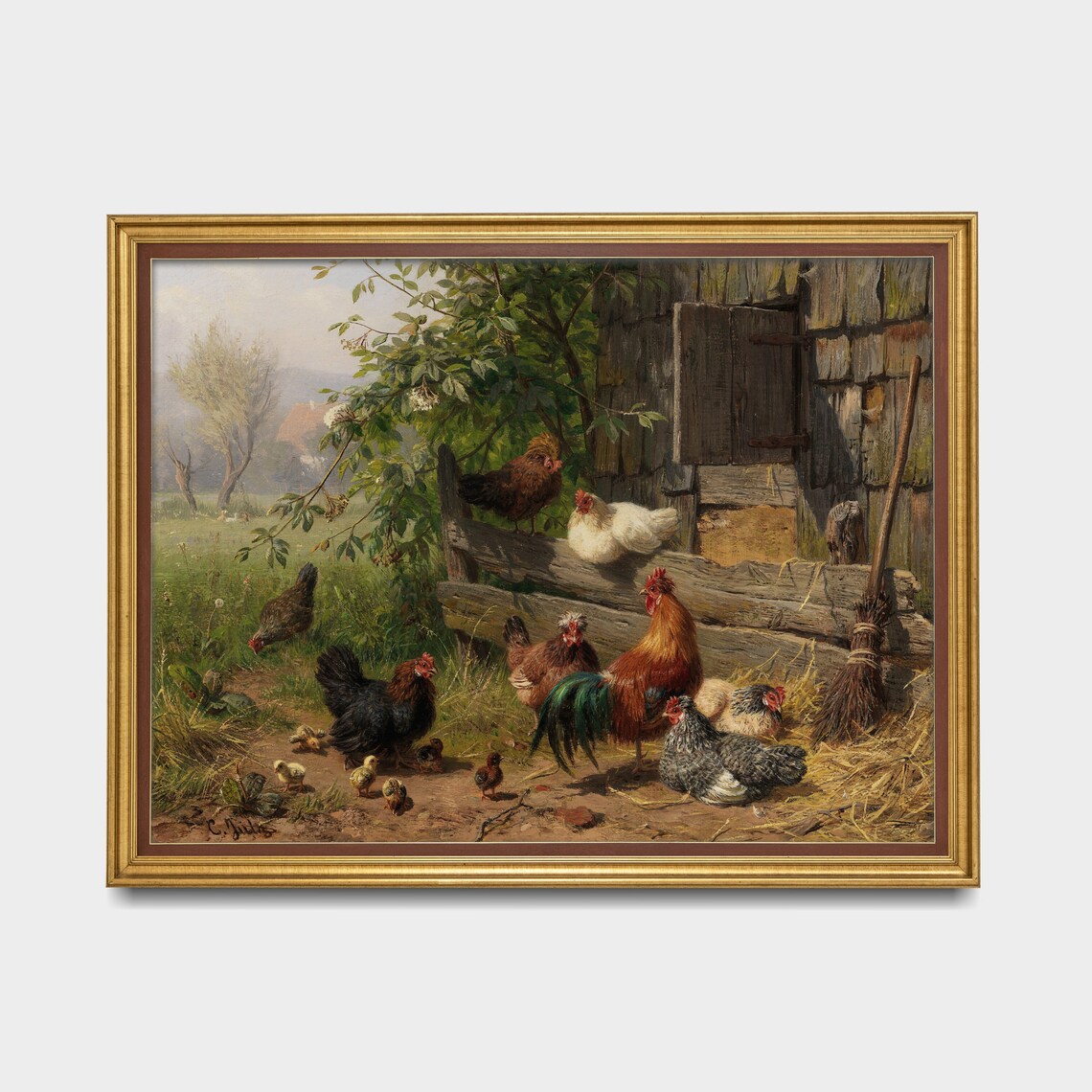 Vintage Farmyard Chickens With a Rooster by the Barn Door Poster - Image 3