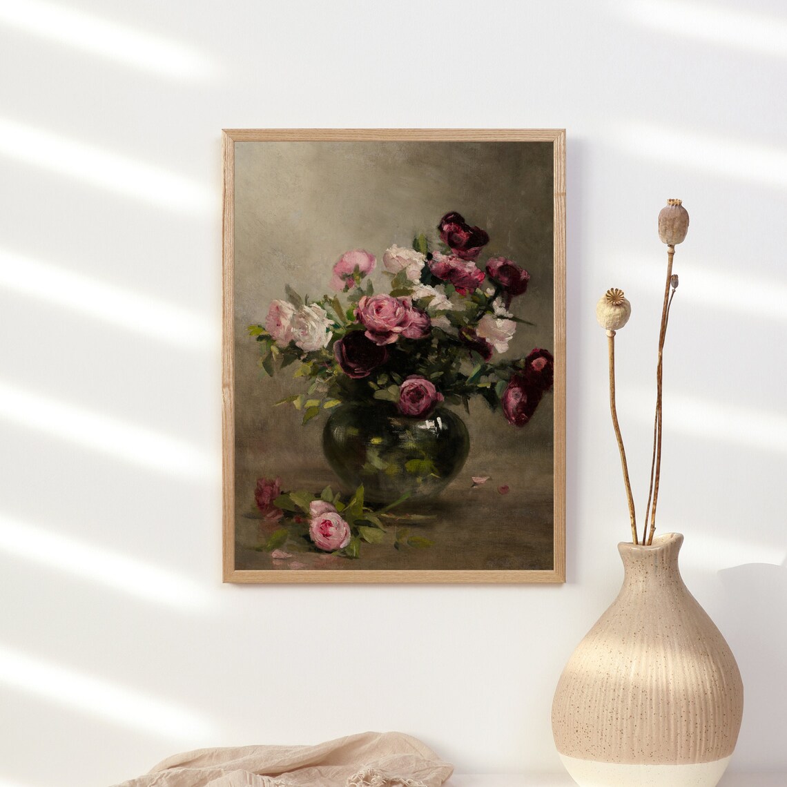 Pink and Burgundy Roses in a Dark Vase Moody Oil Painting Poster - Image 2