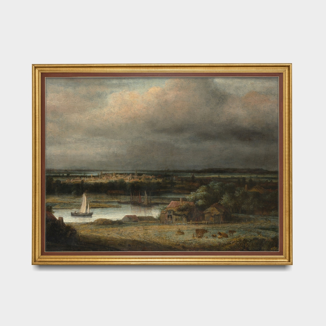 River Panorama with Sailboats and Cottages Antique Dutch Poster - Image 3