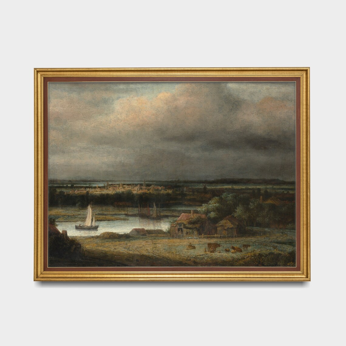 Wide River With Sailboats and Distant Town Dutch Landscape Poster - Image 5