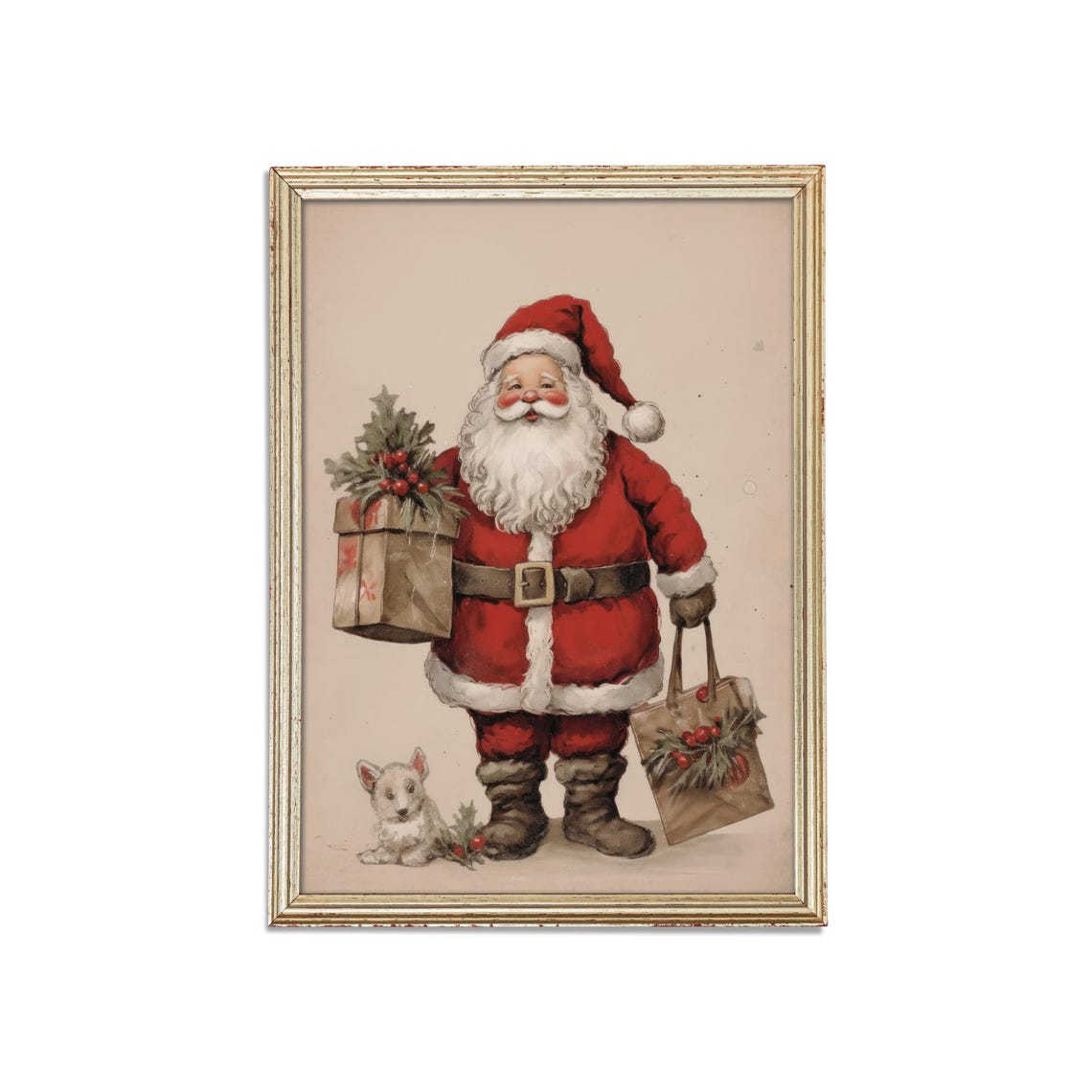 Vintage Santa Claus With Gift Bags And Puppy Christmas Poster - Image 3