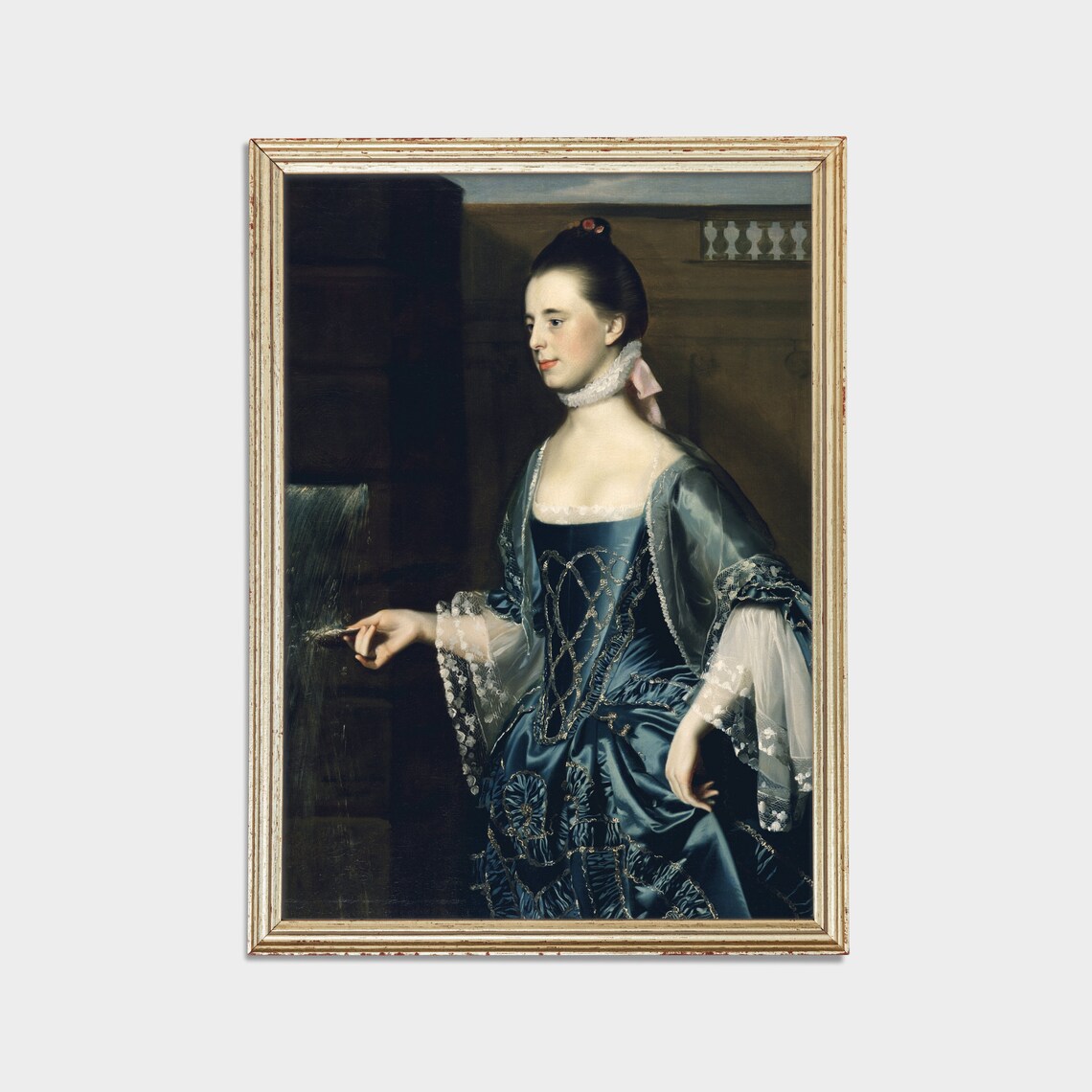 Lady in Blue Satin Gown at Fountain Colonial Era Portrait Poster - Image 2