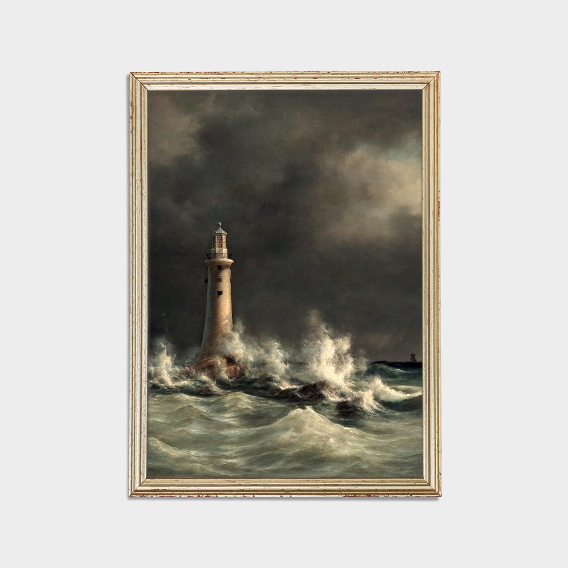 Lighthouse in a Stormy Sea Crashing Waves Vintage Oil Painting Poster - Image 2