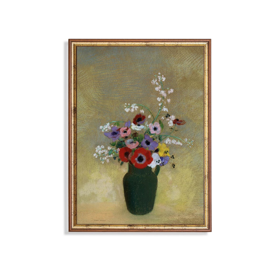 Pastel Wildflower Bouquet Green Vase Gold Ground Floral Art Poster