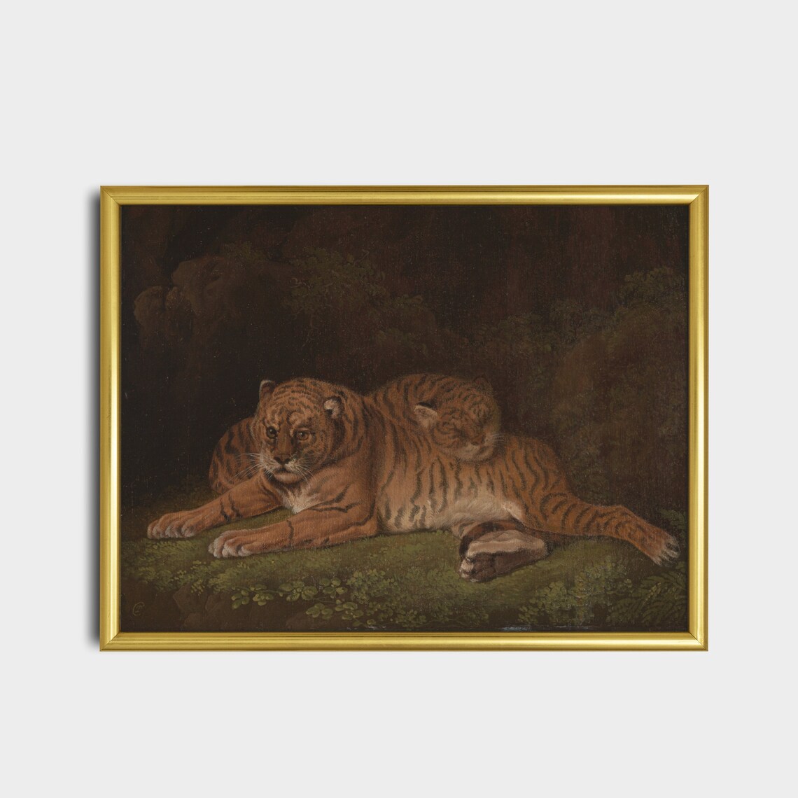 Two Tigers Resting Together in a Dark Forest Vintage Oil Painting Poster - Image 2
