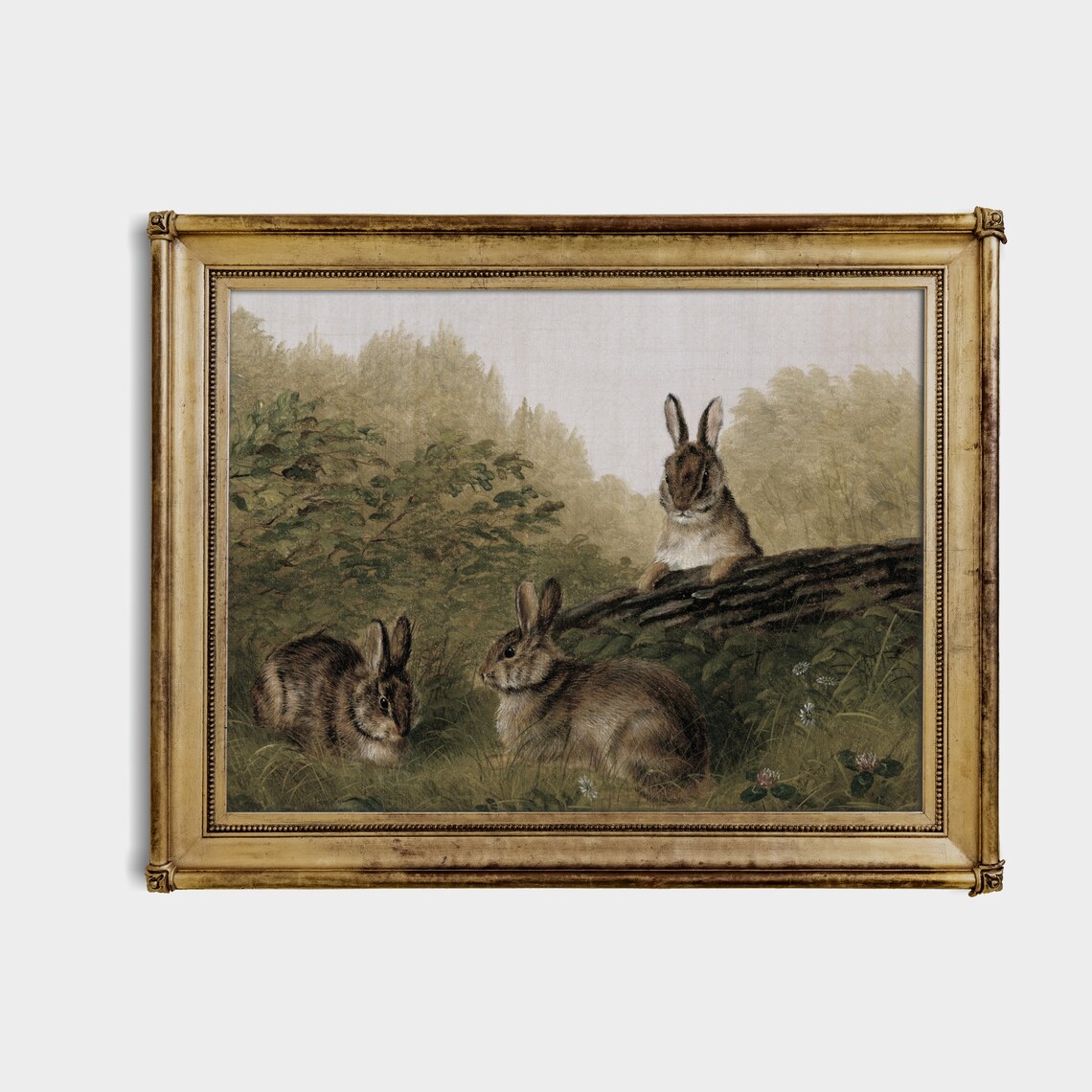 Three Rabbits In Woodland Meadow Antique Animal Painting Poster - Image 4