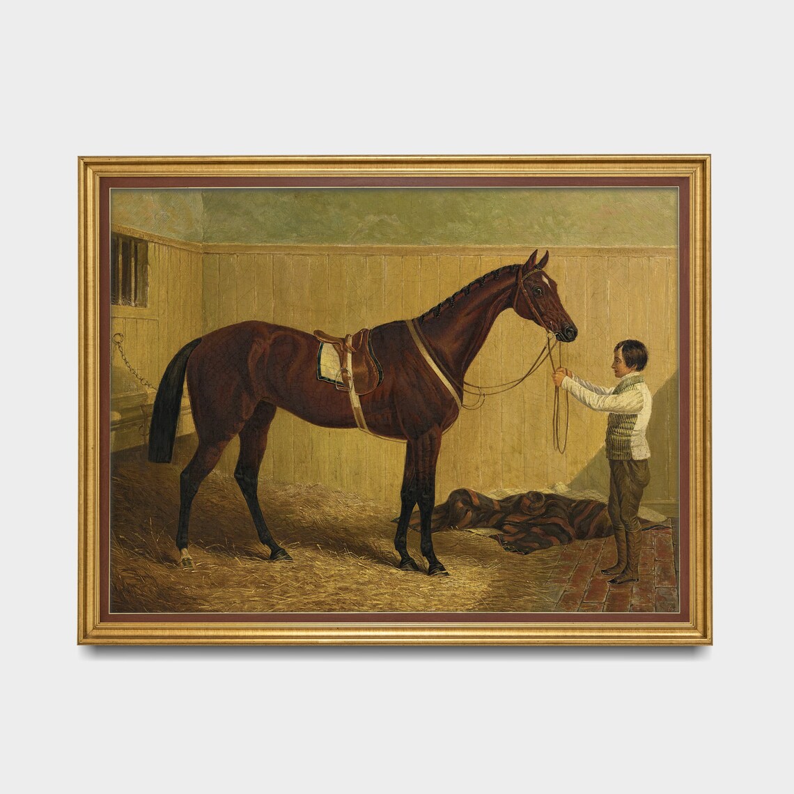 Bay Racehorse with Stable Lad Holding Lead Antique Oil Poster - Image 3