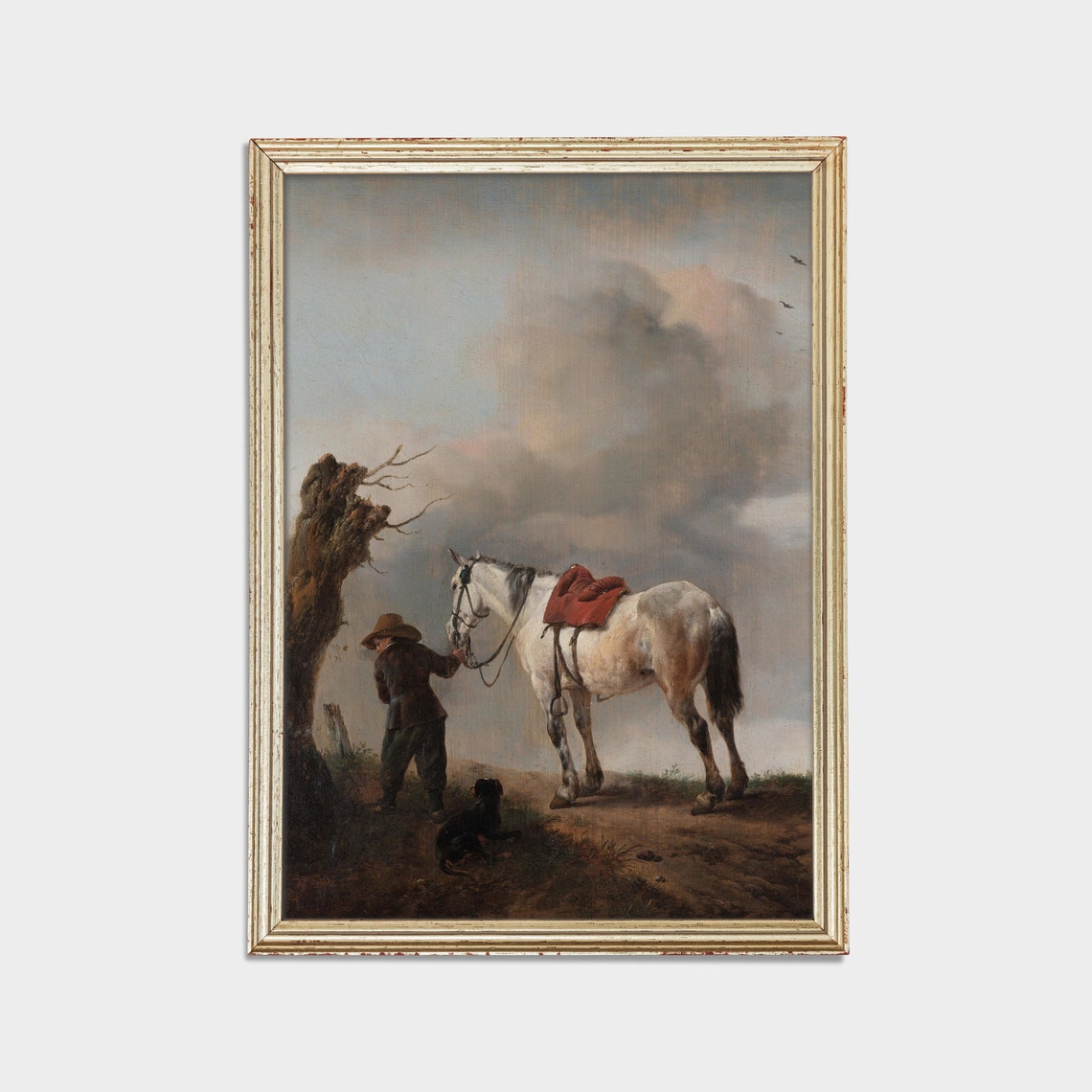 Boy Leading a Saddled Gray Horse With Small Dog Moody Poster - Image 2