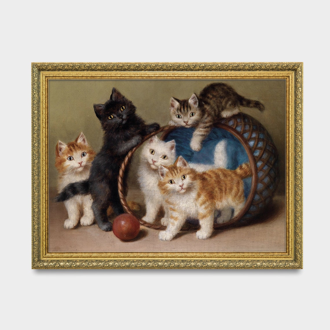 Five Playful Kittens with an Overturned Basket Vintage Cat Poster - Image 3