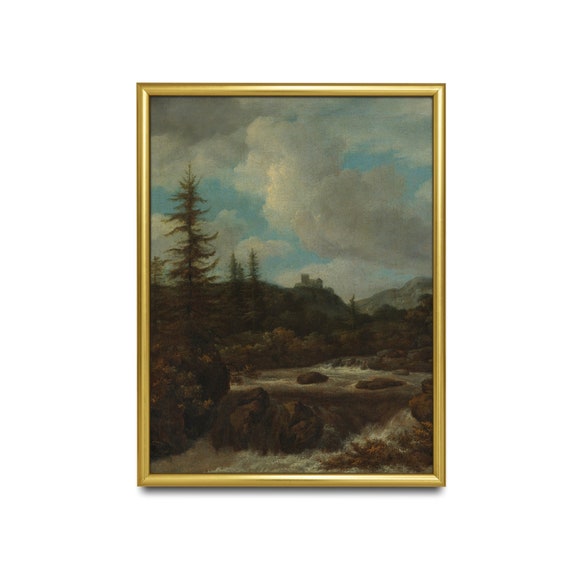 Vintage Landscape Painting Antique Waterfall Print Moody Rustic Art Wall Art Farmhouse Decor Fine Art