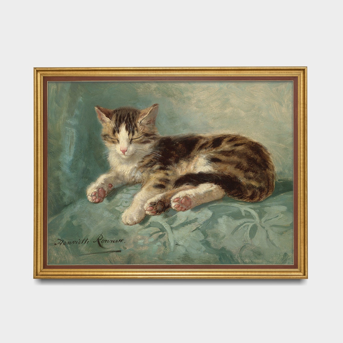 Sleeping Tabby Kitten on a Green Cushion Vintage Cat Painting Poster - Image 3