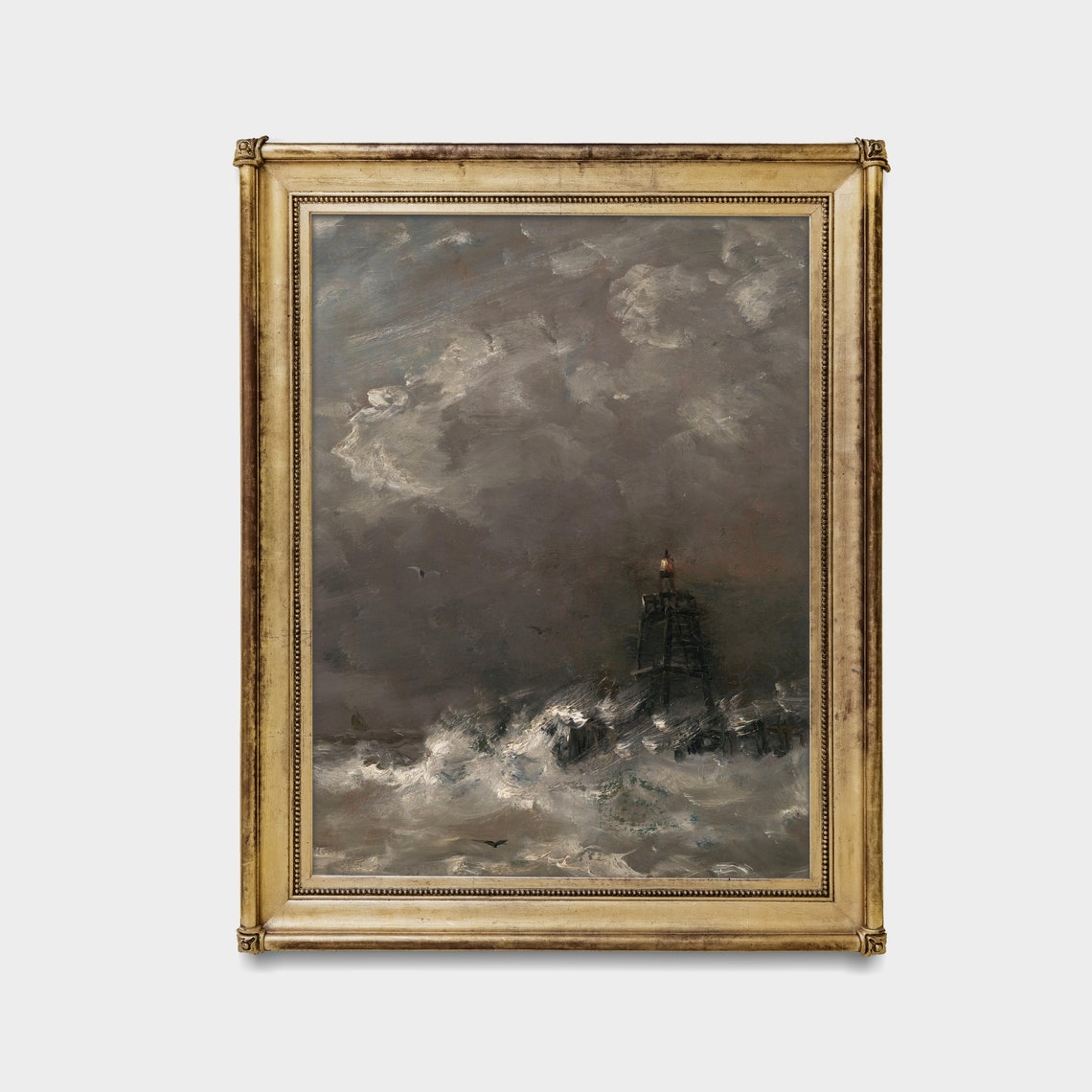 Vintage Lighthouse Painting Antique Seascape Print Moody Rustic Ocean Waves Nautical Decor Wall Art - Image 3