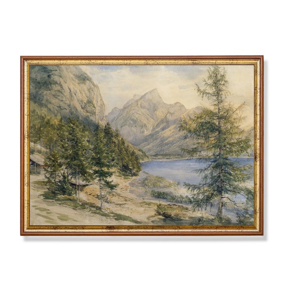 Vintage Landscape Painting Antique Mountain Lake Print Rustic Farmhouse Decor Wall Art Livingroom Art