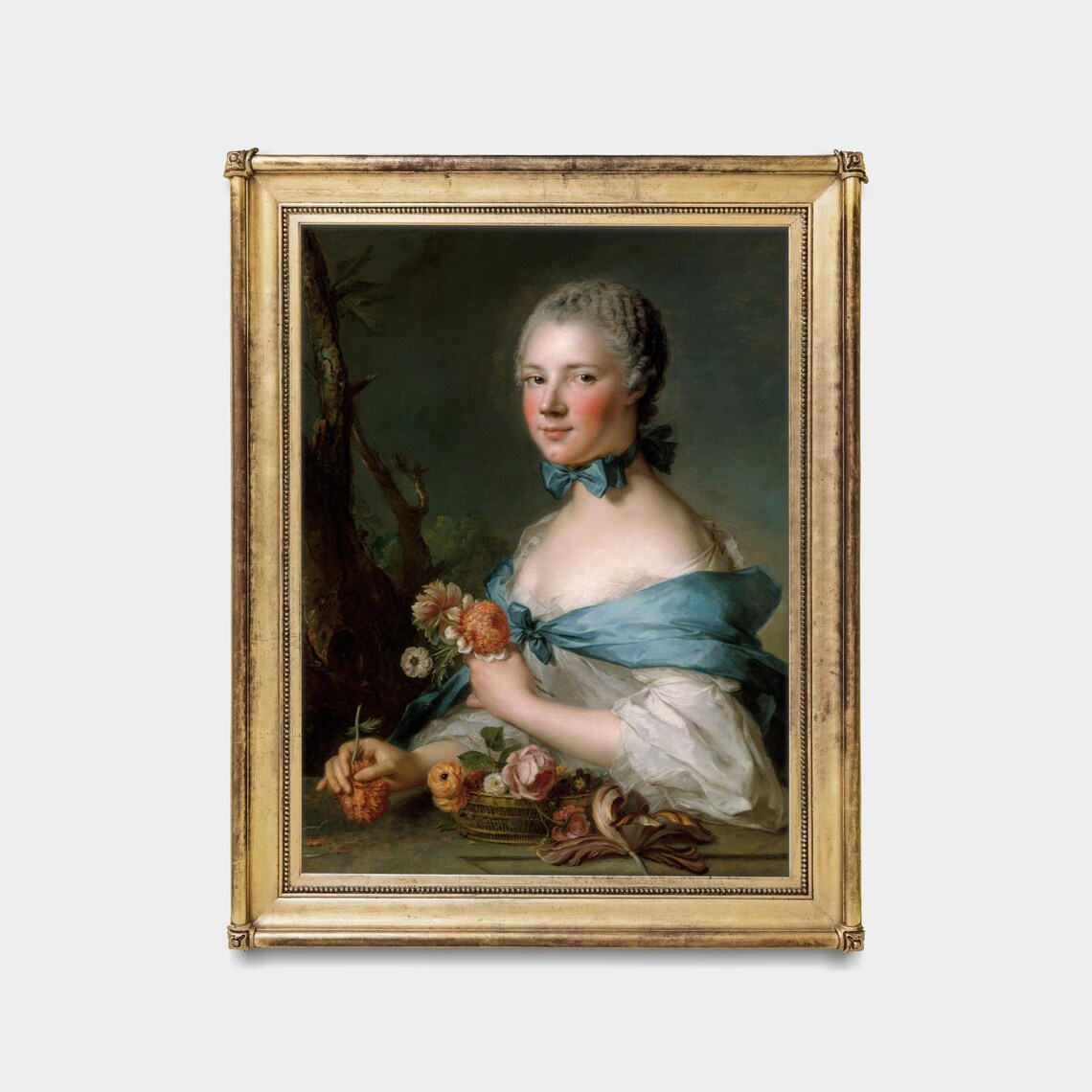 Woman with Blue Ribbon Holding Flowers Rococo Portrait Poster - Image 5