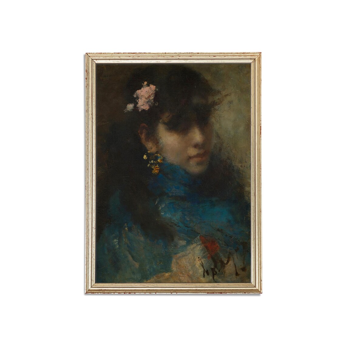 Young Woman in Blue with a Pink Flower in Her Hair Portrait Poster - Image 3