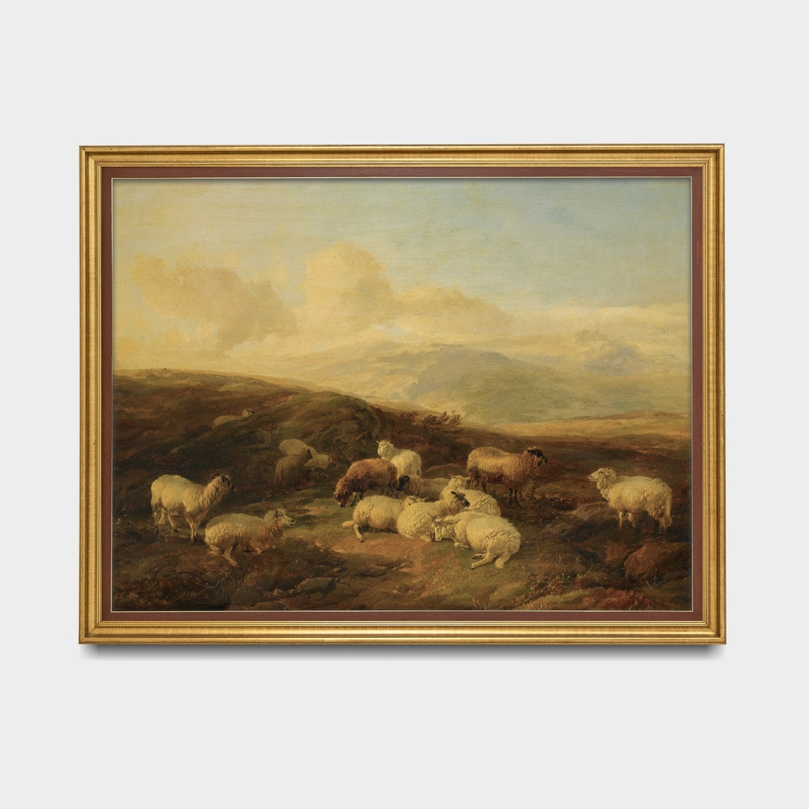 Sheep Flock on Hillside at Golden Sunset Vintage Pastoral Poster - Image 3