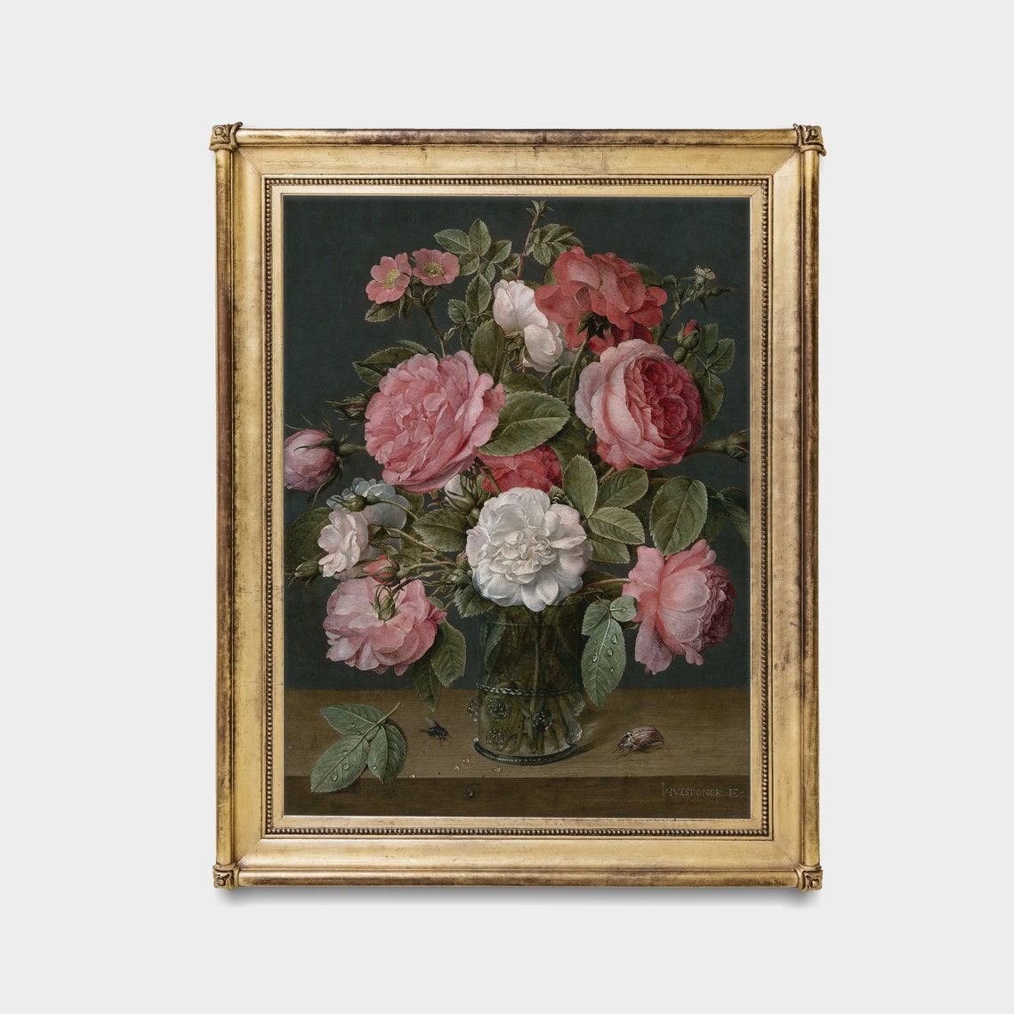 Pink and White Roses in a Glass Vase Dutch Still Life Poster - Image 4