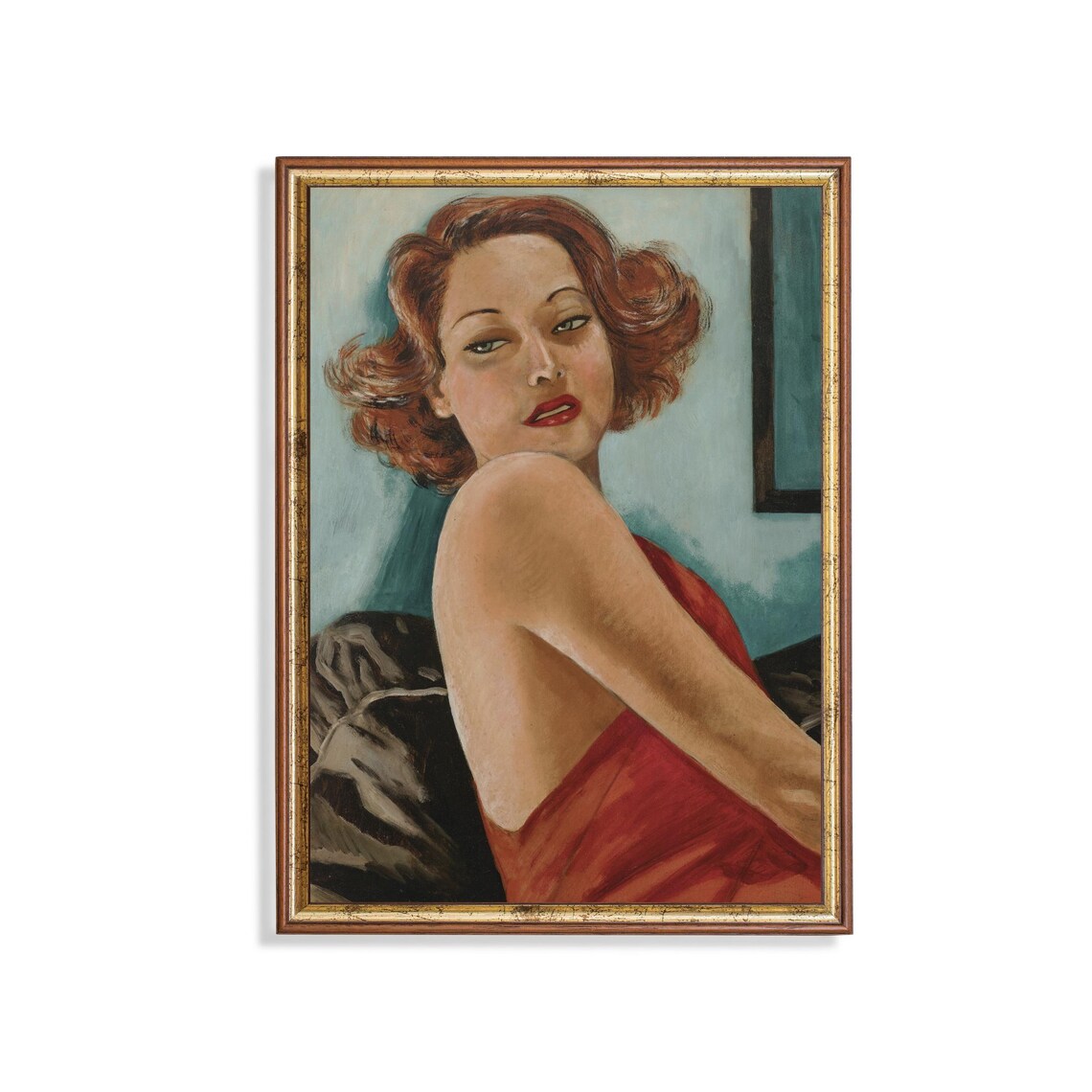 Red-Haired Woman in Red Dress 1930s Art Deco Portrait Poster