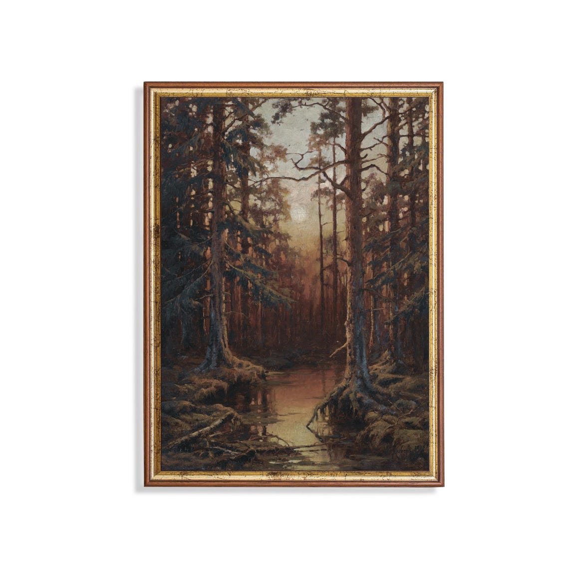 Sunset Glow Through Tall Pines Over a Forest Stream Vintage Poster