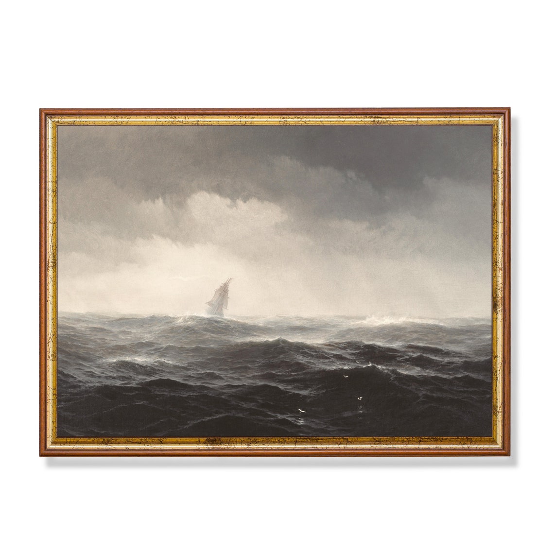 Sailing Ship in Stormy Dark Seas Vintage Seascape Painting Poster