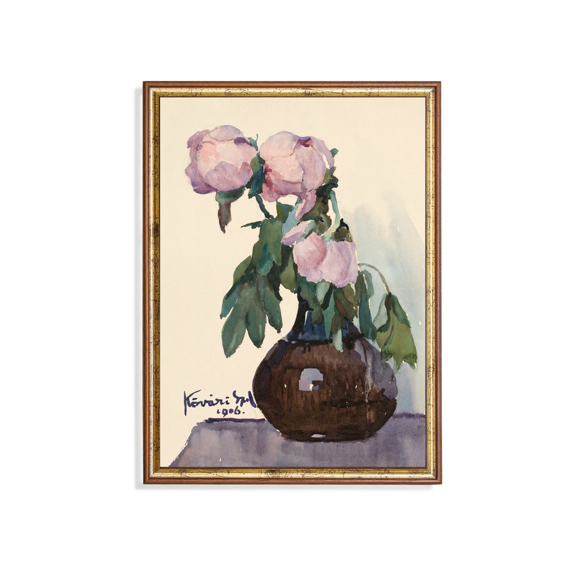 Antique Pink Peonies in a Dark Vase Watercolor Floral Art Poster