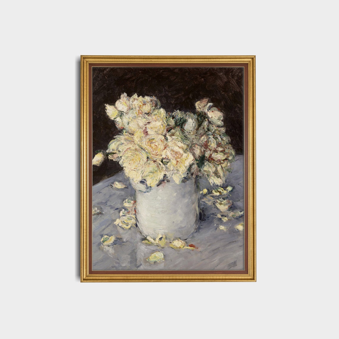 White Roses in a White Vase on a Table Antique Floral Poster - Image 3