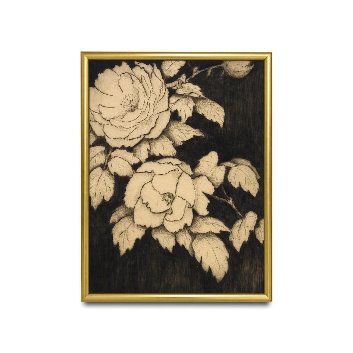Monochrome Peony Blossoms Vintage Floral Etching Fine Art Poster - Image 2
