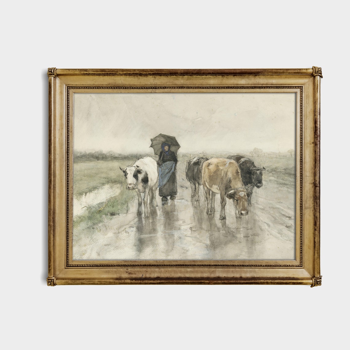 Woman with Umbrella Leading Cows in Rain Vintage Dutch Scene Poster - Image 3