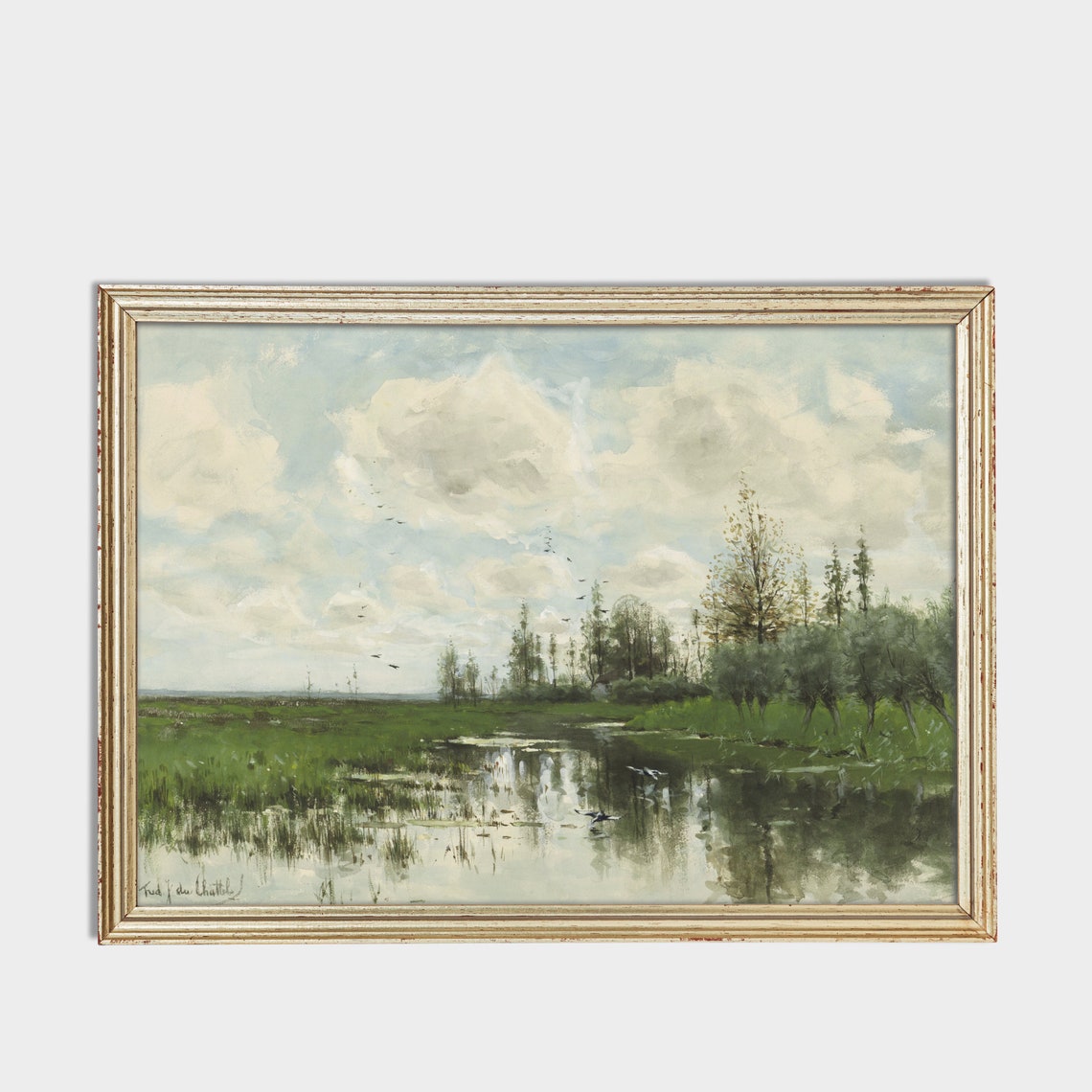 Marsh River Landscape with Birds and Drifting Clouds Vintage Poster - Image 2