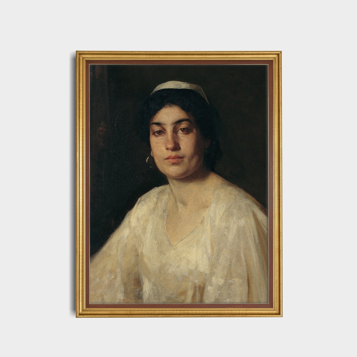 Dark Haired Woman in a White Blouse With a Headband Moody Poster - Image 3