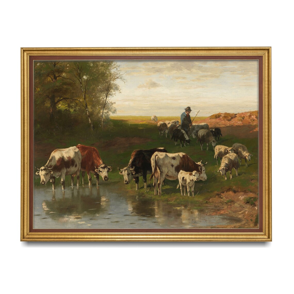 Vintage Cattle With a Shepherd, Oil Painting Art Print - Image 3