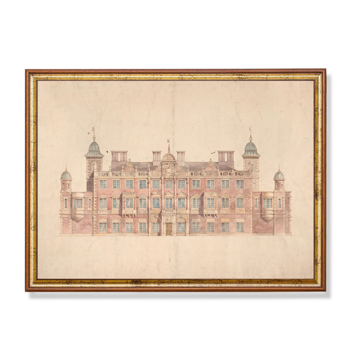 Grand Stately Home Architectural Elevation Watercolor Drawing Print