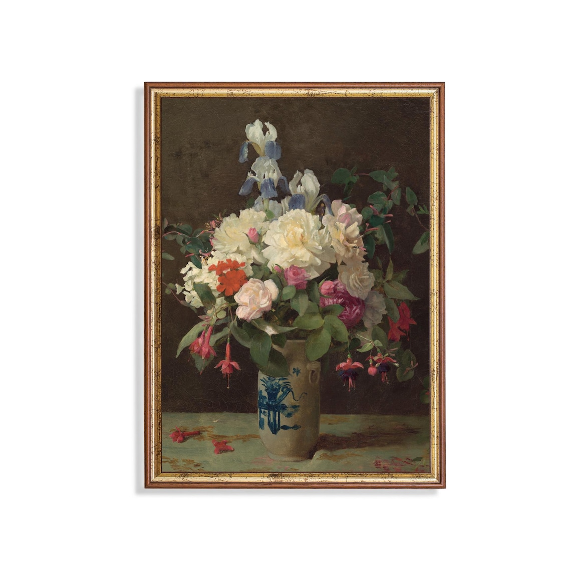 Bouquet of Roses and Irises in a Delft Vase Still Life Poster
