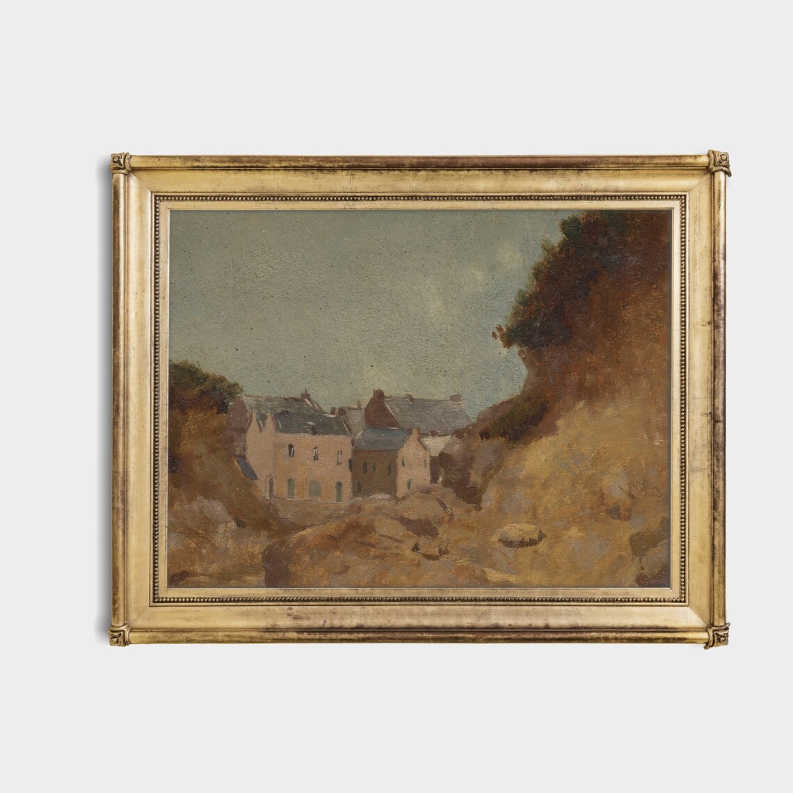Coastal Cottages Among Cliffs in Warm Ochre Tones Vintage Poster - Image 4