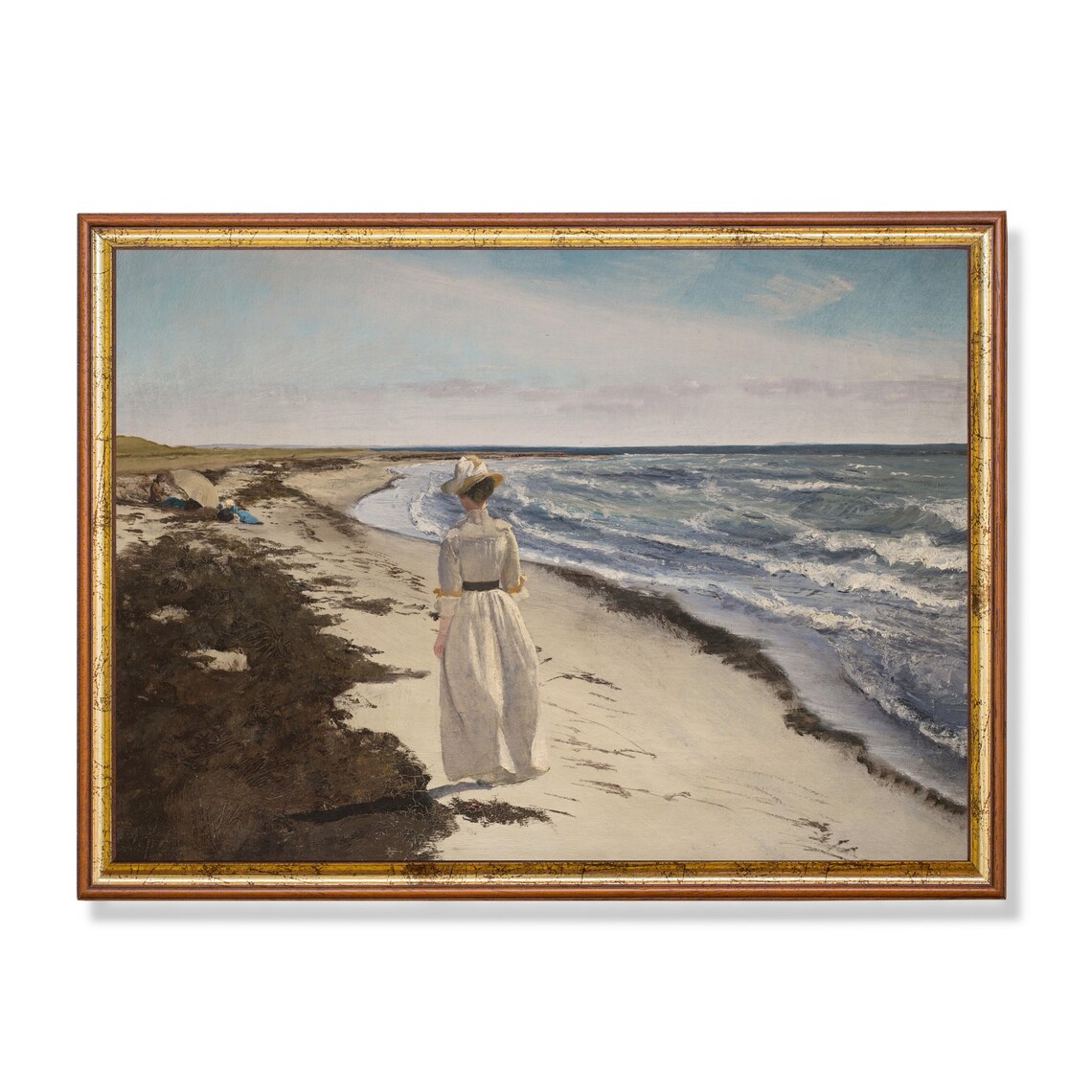 Woman in White Dress Walking the Beach Vintage Seascape Poster