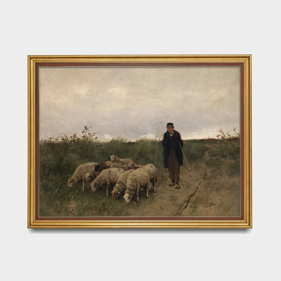 Shepherd With Flock of Sheep, Vintage Landscape Art Print - Image 3