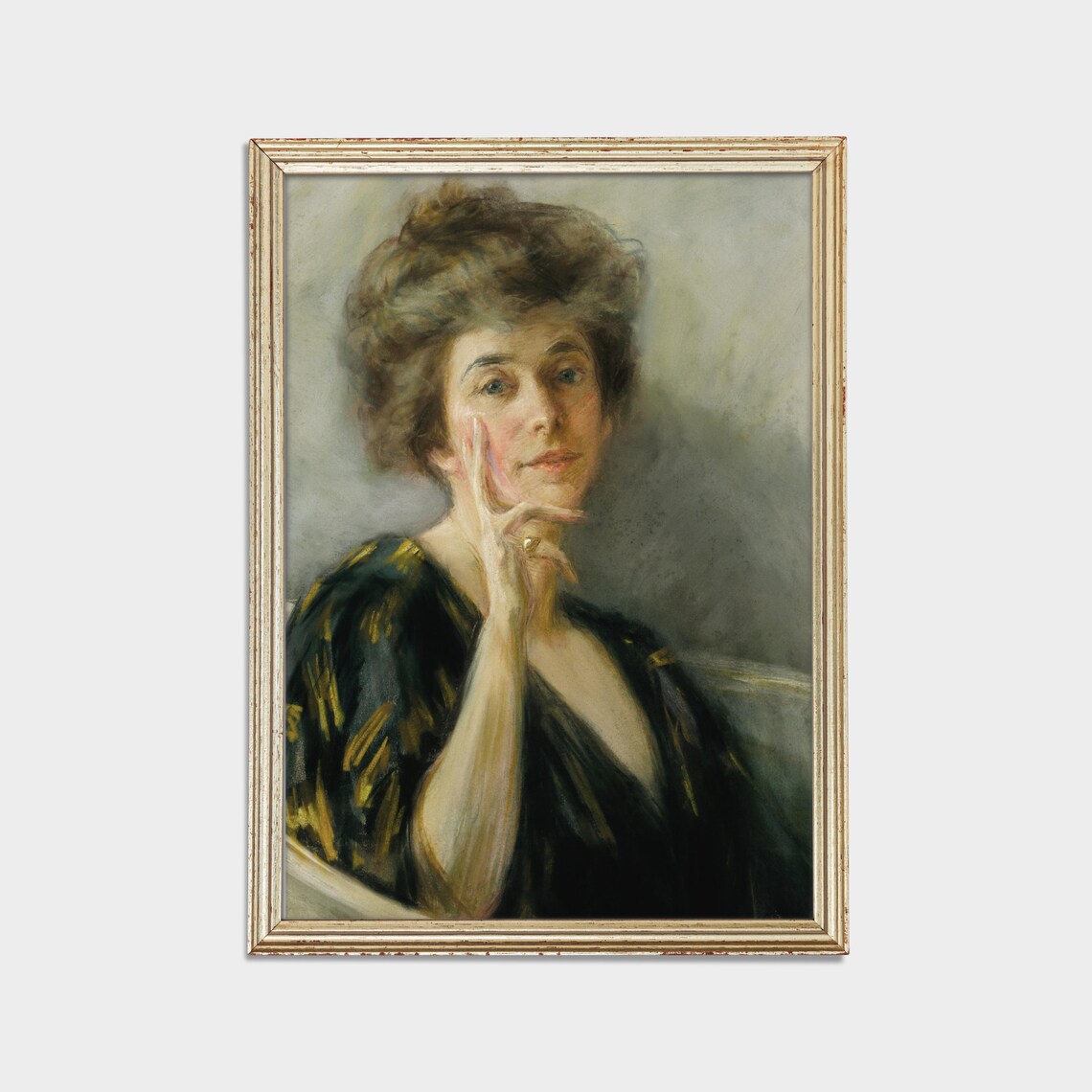 Pensive Woman in a Black Dress Antique Pastel Portrait Poster - Image 2