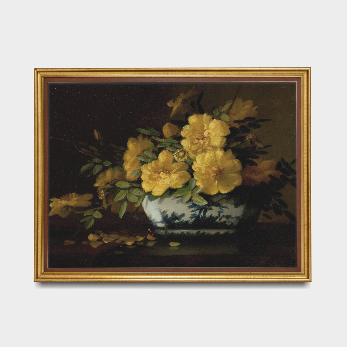 Print And Ship Dark Flower Vintage Painting Vintage Roses Painting Yellow Roses In Vase Moody French Wall Decor Mailed Print - Image 3
