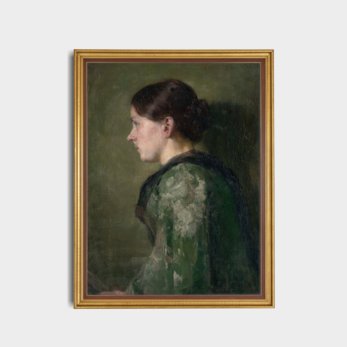 Contemplative Woman in Green Shawl Profile Antique Portrait Poster - Image 2